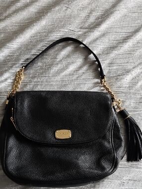 Michael Kors Black Pebbled Leather Shoulder Bag with Gold Hardware